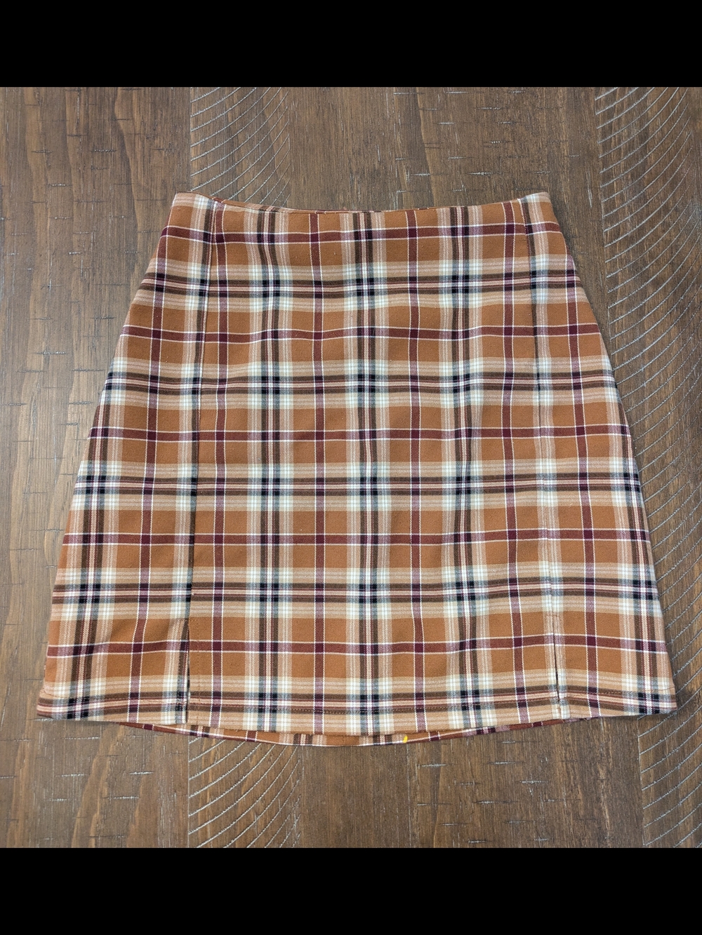 Tan Plaid Mini Skirt with Cream and Burgundy Stripes